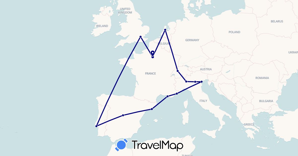 TravelMap itinerary: driving in Switzerland, Spain, France, United Kingdom, Italy, Netherlands, Portugal (Europe)